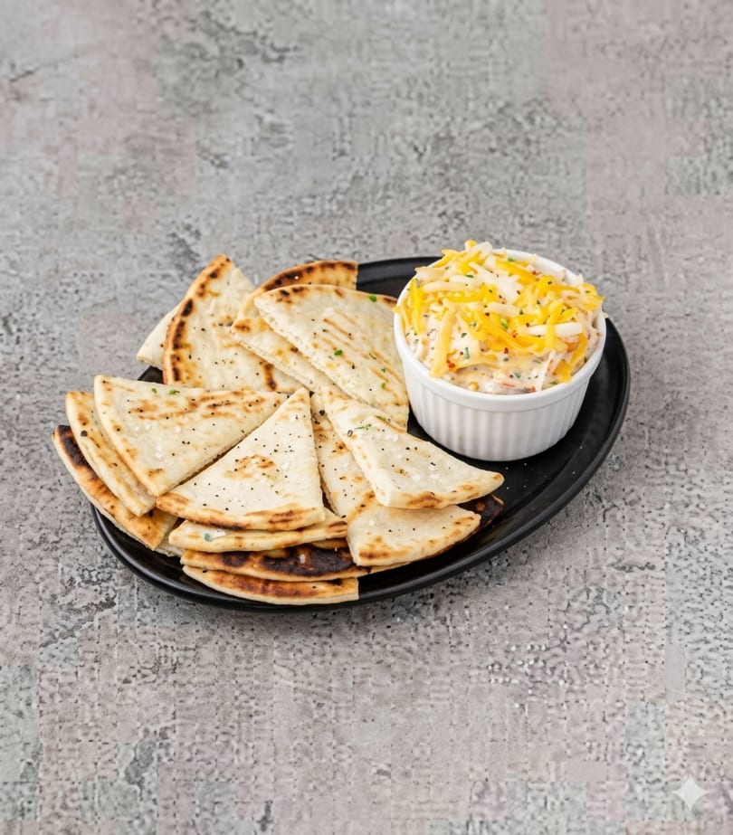 Grilled pita bread triangles with a side of cheesy dip on a black plate.